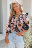 Orange Floral Print 3/4 Sleeve Puff Sleeve Button-up Shirt LC2552427-14