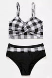 Black Plaid Print Spaghetti Straps High Waist Bikini Swimsuit LC433328-2