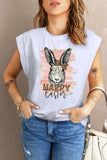 Happy Easter Leopard Bowknot Bunny Graphic Batwing Cap Sleeve Top