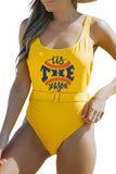 Yellow Baseball Letter Print Ribbed Backless One-piece Swimwear LC443163-7