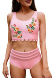 Pink Floral Print Scalloped Sleeveless High Waist Bikini Swimsuit LC433451-10