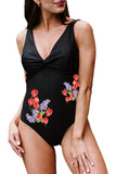 Black Floral Print Twist V Neck Open Back One-piece Swimsuit LC443242-2