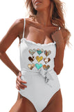 White Heart Print Frilled Lace-up One Piece Swimwear