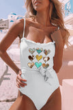 White Heart Print Frilled Lace-up One Piece Swimwear