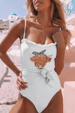 White Ox Head Graphic Frilled Spaghetti Strap One-piece Swimsuit LC443244-1