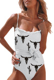 White Bull Cactus Print Frilled Lace-up One-piece Swimsuit