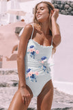 Blue Rose Frilled Belted Spaghetti Strap One-piece Swimsuit