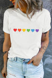 LC25216195-1-S, LC25216195-1-M, LC25216195-1-L, LC25216195-1-XL, LC25216195-1-2XL, White Rainbow Color Heart Shapes Print Short Sleeve T Shirt