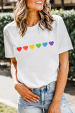 LC25216195-1-S, LC25216195-1-M, LC25216195-1-L, LC25216195-1-XL, LC25216195-1-2XL, White Rainbow Color Heart Shapes Print Short Sleeve T Shirt