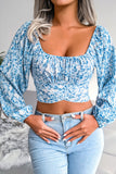 Blue Floral Square Neck Long Baloon Sleeve Top