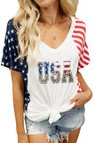 White USA Flag Element Stars and Stripes Wide V Neck Top LC25216587-1