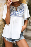 White Drawstring Front Floral Ruffled Flounce Sleeve Top