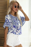 Blue Boho Floral Print Turnover Collar Buttoned Blouse LC25115412-5