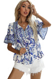 Blue Boho Floral Print Turnover Collar Buttoned Blouse LC25115412-5