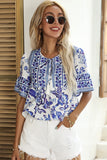 Blue Boho Floral Print Turnover Collar Buttoned Blouse LC25115412-5