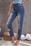 LC782289-10-S, LC782289-10-M, LC782289-10-L, LC782289-10-XL, LC782289-10-2XL, Pink Womens Ripped Denim Pants Floral Leopard Distressed High Waist Jeans