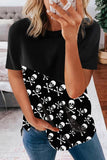 Black Skeleton Print Color Block Short Sleeve Tee