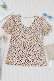 Khaki Cheetah Print V Neck Puff Short Sleeve Top