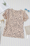 Khaki Cheetah Print V Neck Puff Short Sleeve Top