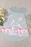 Gray Cherry Blossom Stripe Print Short Sleeve Girl's Tunic Top TZ61585-11