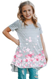 Gray Cherry Blossom Stripe Print Short Sleeve Girl's Tunic Top TZ61585-11