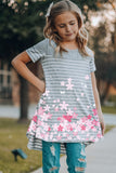 Gray Cherry Blossom Stripe Print Short Sleeve Girl's Tunic Top TZ61585-11