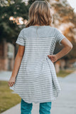 Gray Cherry Blossom Stripe Print Short Sleeve Girl's Tunic Top TZ61585-11