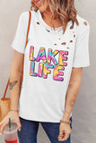 White LAKE LIFE Tie Dye Print Ripped Round Neck T Shirt