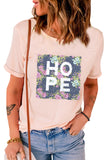 Pink HOPE Floral Print Color Block Round Neck T Shirt