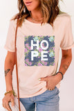 Pink HOPE Floral Print Color Block Round Neck T Shirt