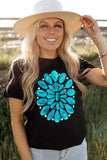 Black Turquoise Graphic Crew Neck T Shirt LC25217939-2