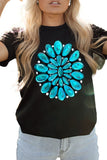 Black Turquoise Graphic Crew Neck T Shirt LC25217939-2