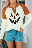 Brown Funny Face Color Block Quarter Button Long Sleeve Top