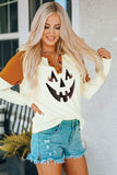 Brown Funny Face Color Block Quarter Button Long Sleeve Top