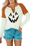 Brown Funny Face Color Block Quarter Button Long Sleeve Top