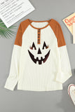 Brown Funny Face Color Block Quarter Button Long Sleeve Top