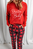 LC15352-3-S, LC15352-3-M, LC15352-3-L, LC15352-3-XL, LC15352-3-2XL, Red Santa Baby Plaid Print Two Piece Pajama Set