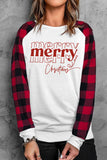 LC25313536-1-S, LC25313536-1-M, LC25313536-1-L, LC25313536-1-XL, LC25313536-1-2XL, White Merry Christmas Print Buffalo Plaid Sleeve Sweatshirt