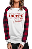 Women's Merry Christmas Print Buffalo Plaid Sleeve White Sweatshirt