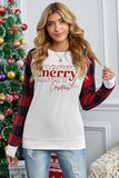 LC25313536-1-S, LC25313536-1-M, LC25313536-1-L, LC25313536-1-XL, LC25313536-1-2XL, White Merry Christmas Print Buffalo Plaid Sleeve Sweatshirt