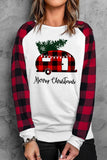 LC25313636-1-S, LC25313636-1-M, LC25313636-1-L, LC25313636-1-XL, LC25313636-1-2XL, White Merry Christmas Plaid Graphic Color Block Sweatshirt