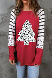 LC25118523-3-S, LC25118523-3-M, LC25118523-3-L, LC25118523-3-XL, LC25118523-3-2XL, Red Leopard Christmas Tree Striped Color Block Long Sleeve Top