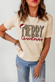 T-shirt grafica cachi girocollo con stampa cappello MERRY Christmas da donna