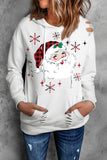 Women's White Christmas Santa Print Ripped Holes Hoodies with Kangaroo Pocket