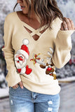 Women's V Neck Cutout Pullover Santa Elk Print Rib Knit Long Sleeve Top