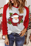 T-shirt natalizia da donna con maniche raglan, girocollo, patchwork di Babbo Natale