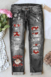 Jeans casual strappati a vita bassa da donna Christmas Howdy Santa