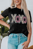 LC25219489-2-S, LC25219489-2-M, LC25219489-2-L, LC25219489-2-XL, LC25219489-2-2XL, Black XOXO Leopard Letter Print T Shirt