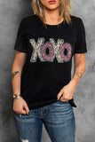 LC25219489-2-S, LC25219489-2-M, LC25219489-2-L, LC25219489-2-XL, LC25219489-2-2XL, Black XOXO Leopard Letter Print T Shirt