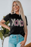 LC25219489-2-S, LC25219489-2-M, LC25219489-2-L, LC25219489-2-XL, LC25219489-2-2XL, Black XOXO Leopard Letter Print T Shirt